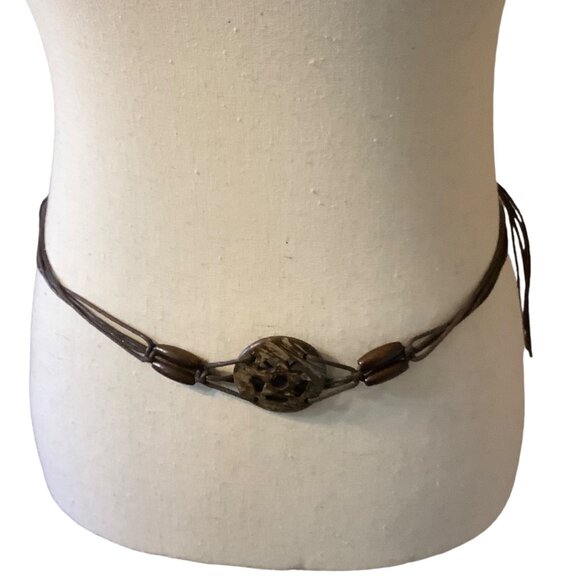Vtg Boho Brown Beaded Belt Carved Coconut Shell Fringe Adjustable Length 75" L - Picture 6 of 7
